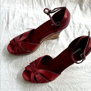 Spring two tone Red Leather Wedge Peep-Toe Sandal pump with ankle strap